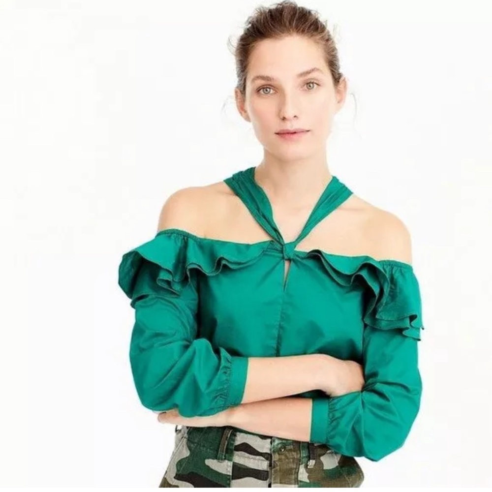 J.CREW | Blouse 00 Jade Green Ruffled Off-The-Shoulder Tie-Neck Peasant Sleeve